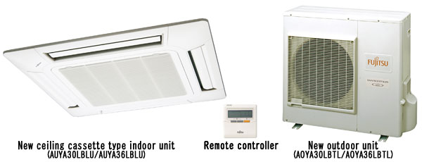 Photo of the new ceiling cassette type indoor unit and Remote controller, new outdoor unit