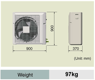 Size of Outdoor unit is 900mm x 900mm x 370mm and it's weight is 97kg