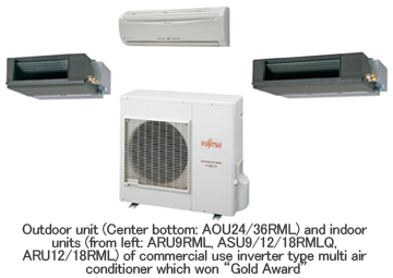 photo.Outdoor unit (Center bottom: AOU24/36RML) and indoor units (from left: ARU9RML, ASU9/12/18RMLQ, ARU12/18RML) of commercial use inverter type multi air conditioner which won "Gold Award"