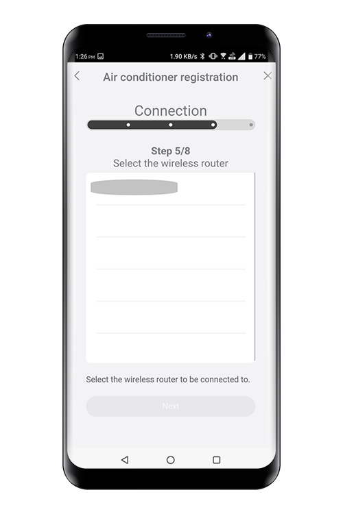 Select [Next] on the mobile app screen. Select the WLAN Access Point you are connecting to.