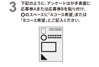 下記のように、アンケートはがき表面に応募券Aまたは応募券Bを貼り付け、マルのスペースに「Aコース希望」または「Bコース希望」とご記入ください。