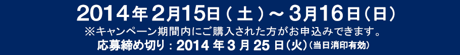 2014年2月15日(土)~3月16日(日)※キャンペーン期間内にご購入された方がお申込みできます。応募締め切り:2014年3月25日(火)当日消印有効