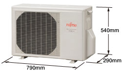室外機。幅790ミリメートル、高さ540ミリメートル、奥行290ミリメートル。