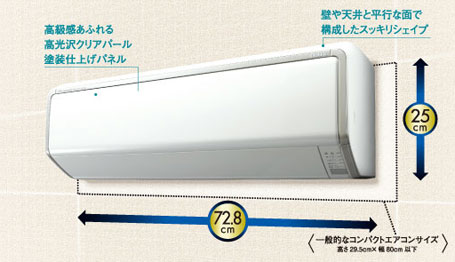 コンパクト（幅72.8センチ、高さ25センチ）で、省エネアンドハイパワー。高級感あふれる高光沢クリアパール塗装仕上げパネル採用。