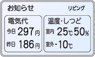 今日(現在)と昨日の電気代、室内の温度と湿度、室外温度表示例。