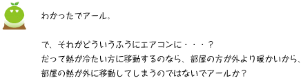 [クリアくん] ：わかったでアール。で、それがどういうふうにエアコンに・・・？だって熱が冷たい方に移動するのなら、部屋の方が外より暖かいから、部屋の熱が外に移動してしまうのではないでアールか？