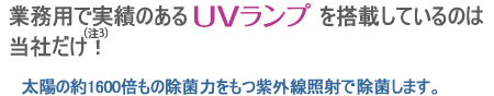 業務用で実績のあるUVランプを搭載しているのは当社だけ（注3）！太陽の約1600倍もの除菌力をもつ紫外線照射で除菌します。
