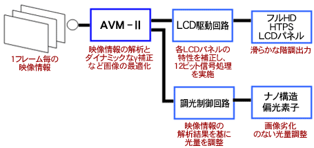 1.滑らかな諧調出力する『フルHD HTPS LCSパネル』から、各LCDパネルの特性を補正し12ビット信号処理する『LCD駆動回路』を経てAVM2へ。2.画像劣化のない光量調整の『ナノ構造偏光素子』から、映像情報の解析結果を基に光量を3次元的に調整する『調光制御回路』を経てAVM2へ。3.映像情報の解析とダイナミックγ補正など画像の最適化するAVM2を経て1フレーム毎の画像情報提供。