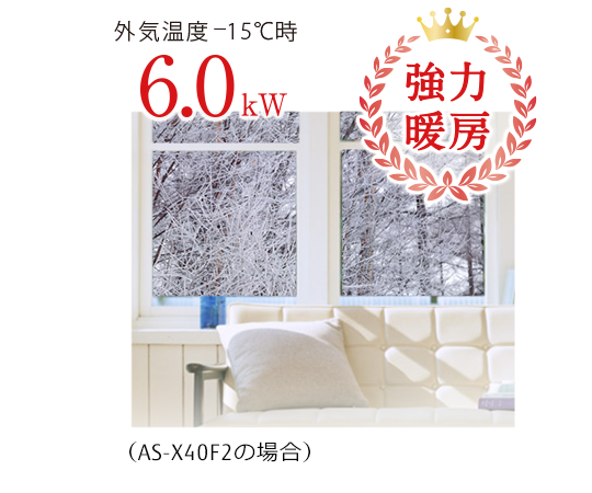 外気温度マイナス15°Cの時でも強力暖房6.0kW。