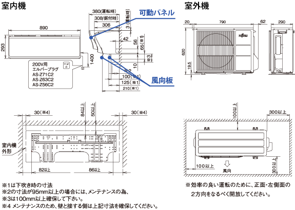 室内ユニットと室外ユニットの据付スペース図の例