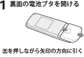 1.裏面の電池ブタを開ける。三角印を押しながら矢印の方向へ引く。