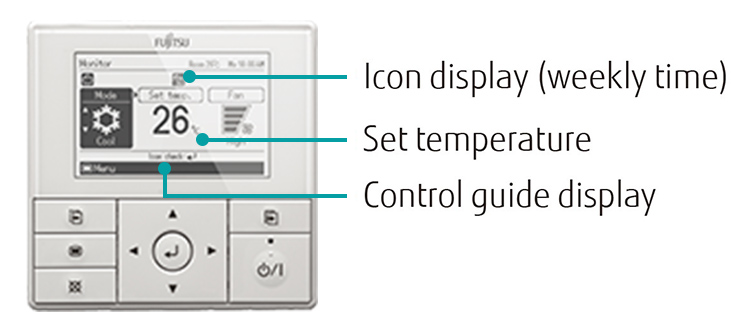 Affichage des icônes (minuterie hebdomadaire), température définie, affichage du guide de commande