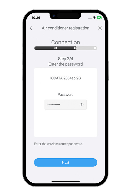 Sélectionnez [Suivant] sur l’écran de l’application mobile. Sélectionnez le point d’accès WLAN auquel vous vous connectez. Entrez le mot de passe du point d’accès WLAN, puis appuyez sur [Suivant].