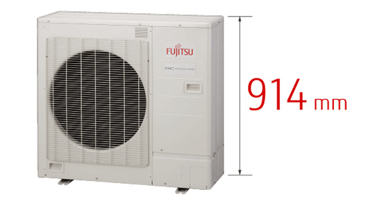 Height of a 14 kW class multi-split model: 1290 mm, Height of the new model: 914 mm (29% shorter)