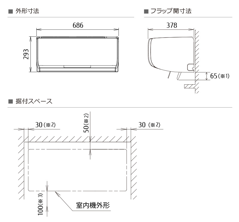 室内機寸法、据付スペース