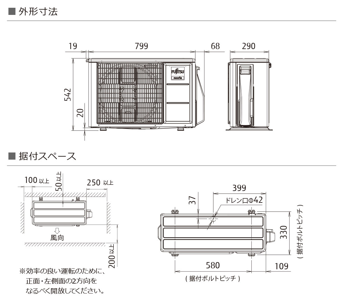 室外機寸法、据付スペース