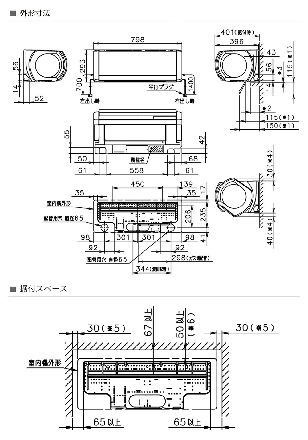 室内機寸法、据付スペース