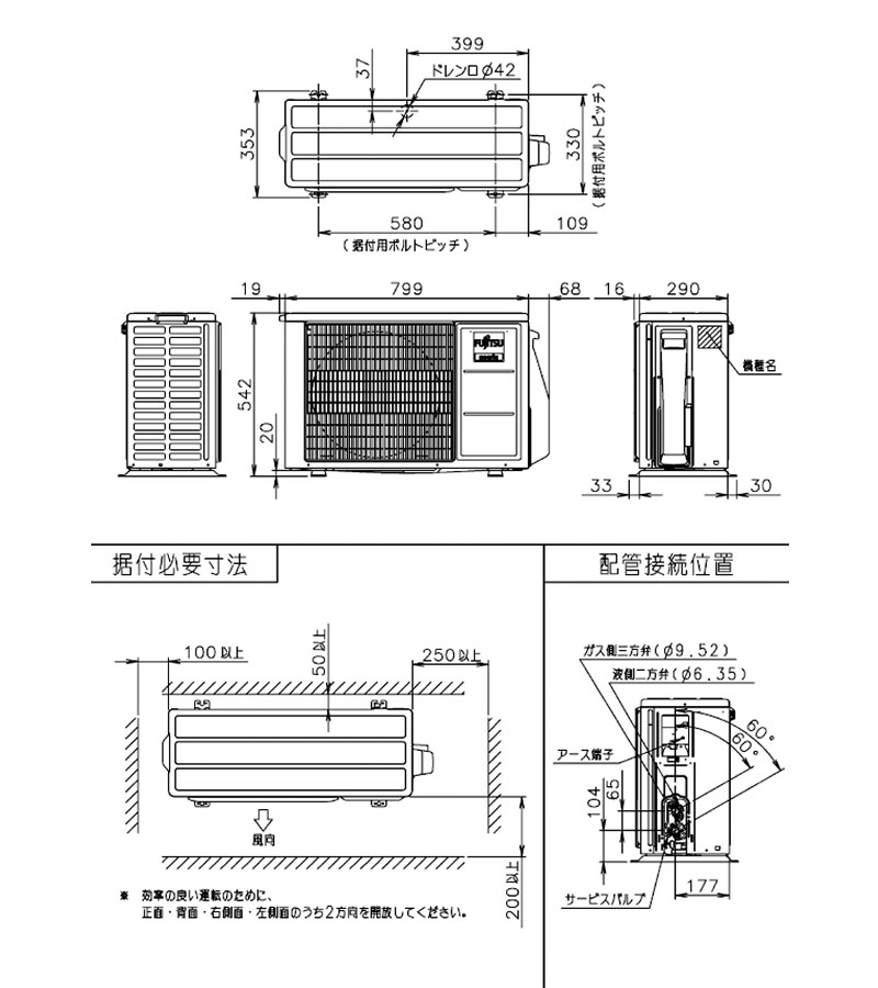 室外機寸法、据付スペース