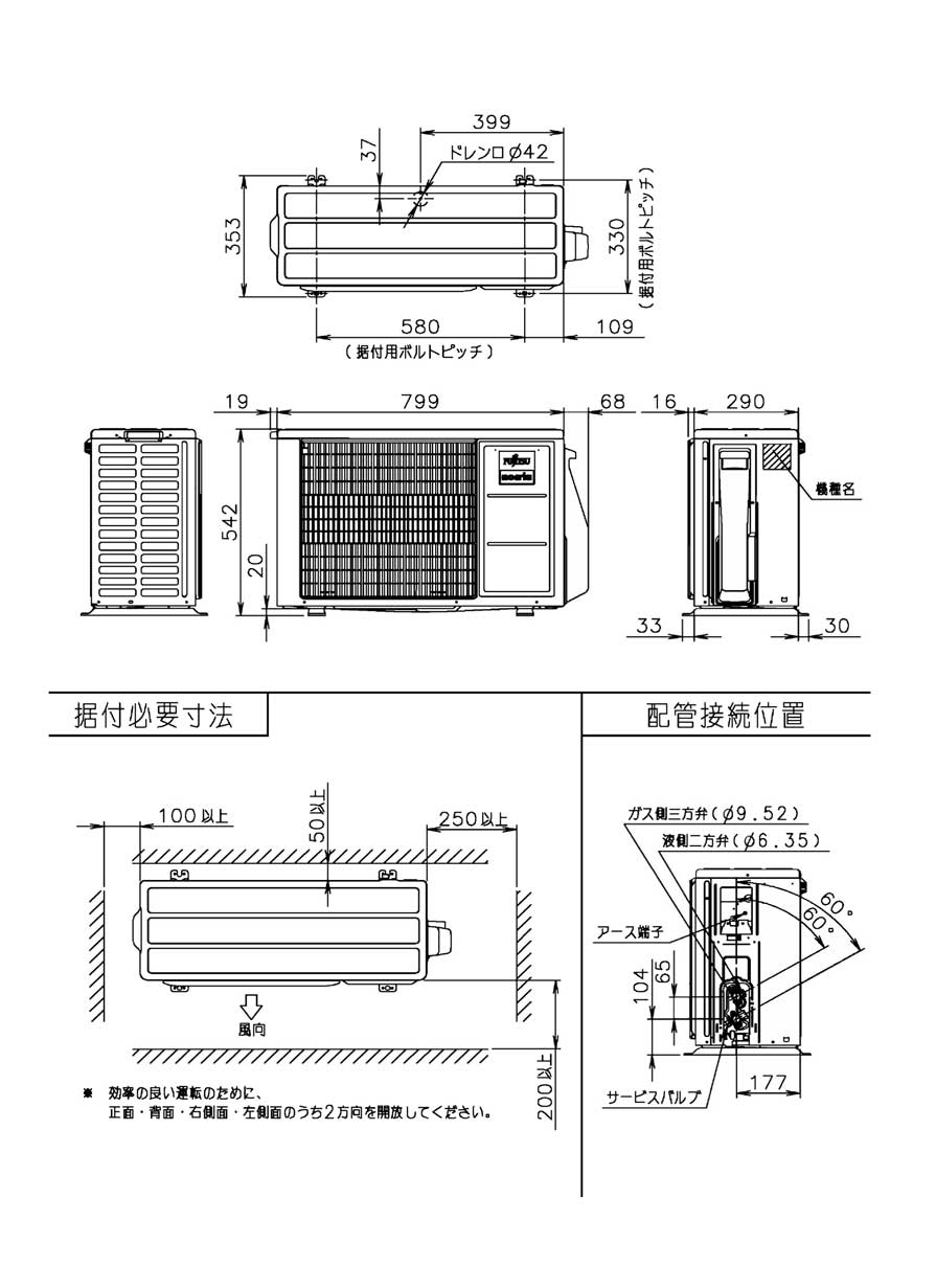 室外機寸法、据付スペース