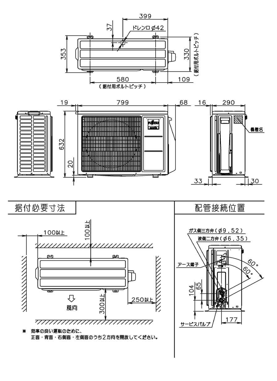 室外機寸法、据付スペース