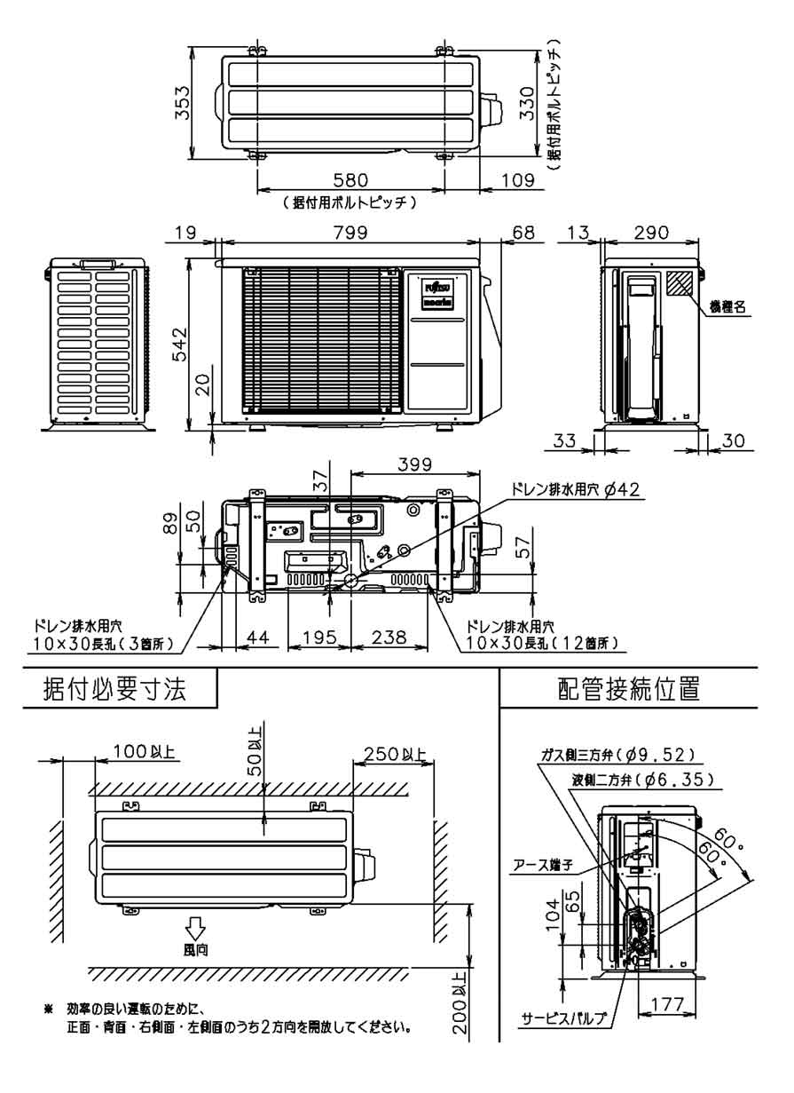 室外機寸法、据付スペース