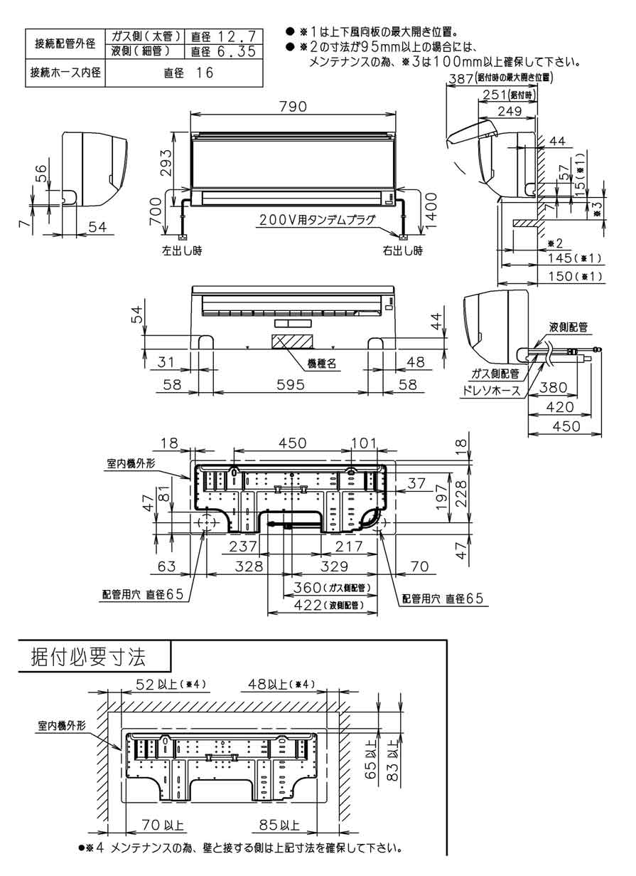 室内機寸法、据付スペース