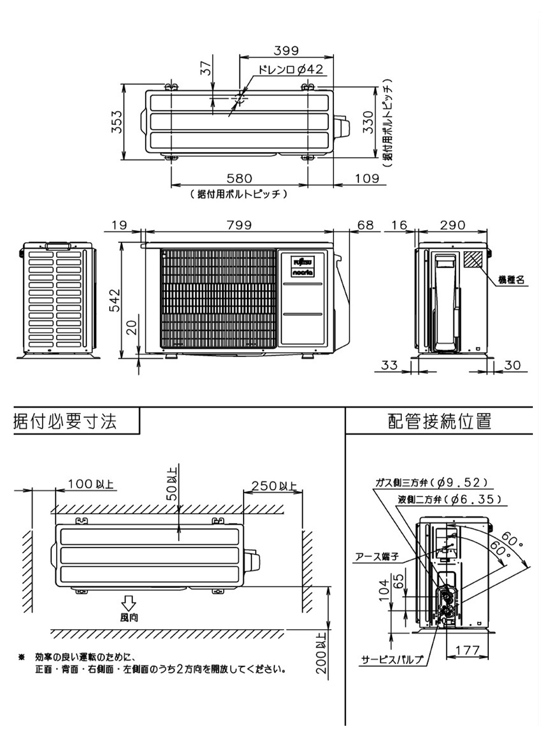 室外機寸法、据付スペース 室外機寸法、据付スペース